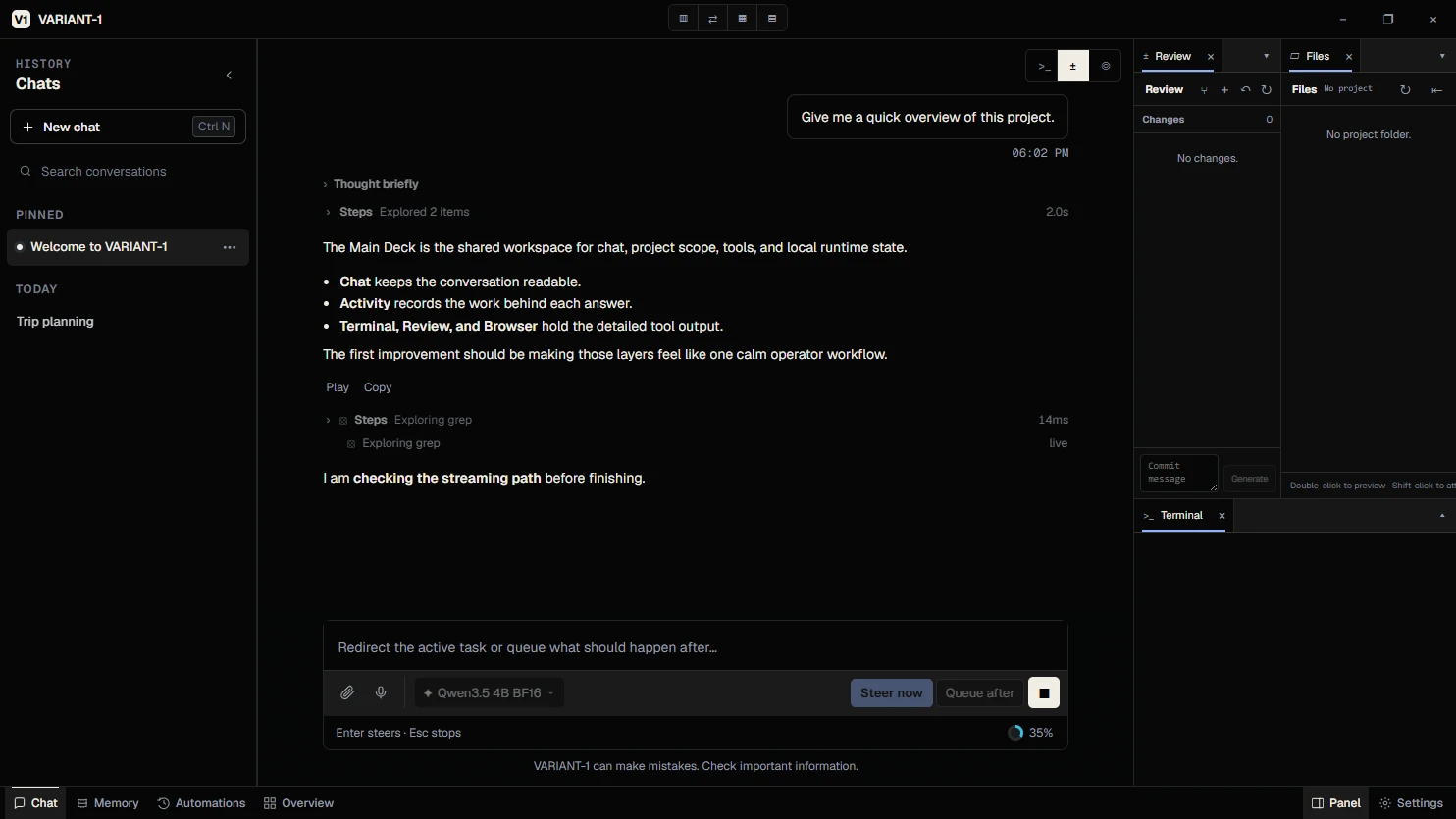 VARIANT-1 development interface with chat, history, file and review panes, terminal, and steering controls. Sample data.